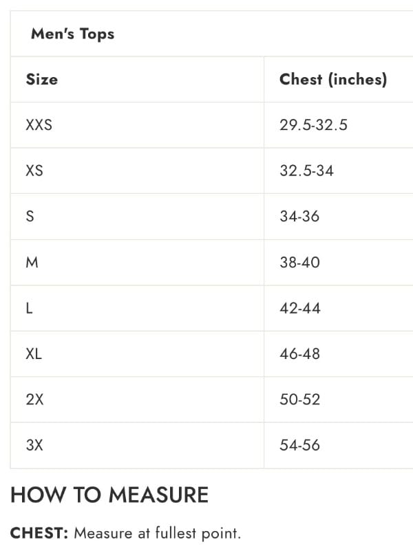 Boxercraft Mens Sizing Chart