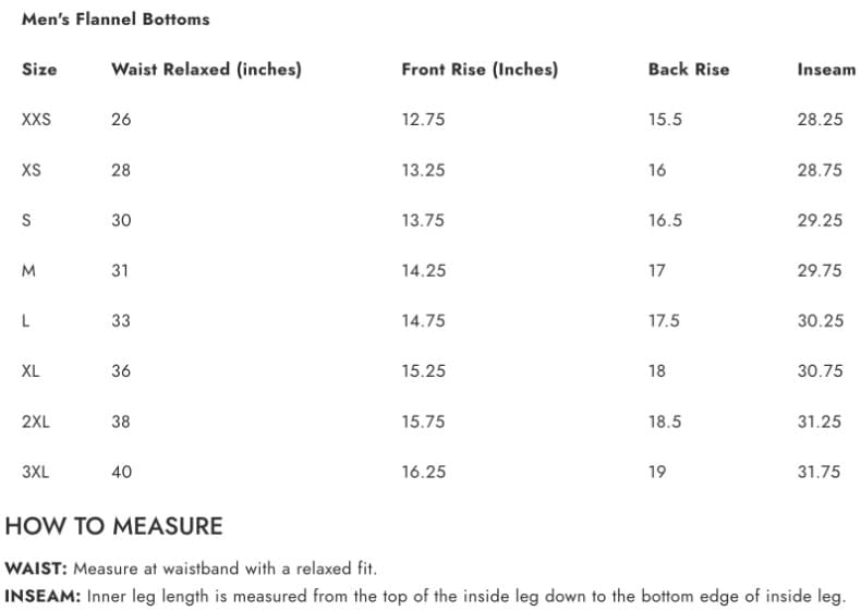 Boxercraft Mens Haley Flannel Bottoms Sizing Chart