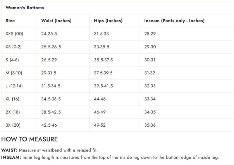 Boxercraft Womens Bottoms Sizing Chart