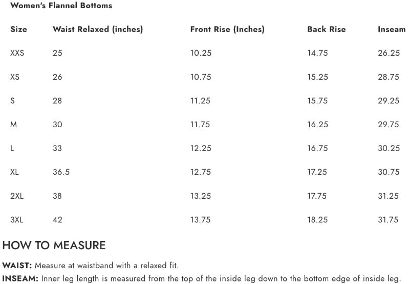 Boxercraft Womens Haley Flannel Bottoms Sizing Chart