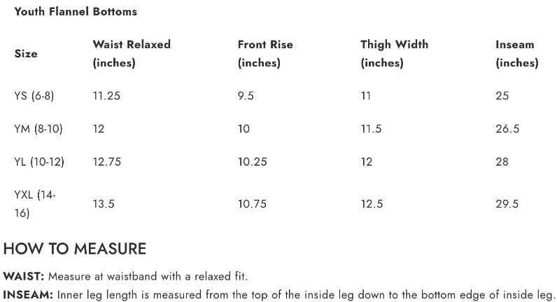 Boxercraft Youth Flannel Bottoms Sizing Chart