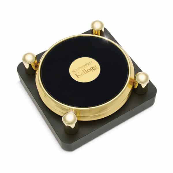 Northwestern | Kellogg Stacked Design Gold Medallion Gold Tone & Leather Coaster Set of Two