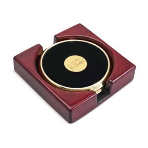 Northwestern | Kellogg Stacked Design Gold Medallion Gold Tone Coaster Set of Two in a Rosewood Finish Stand