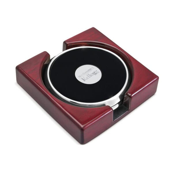 Northwestern | Kellogg Stacked-Design Silver Medallion Silver Tone Coaster Set of Two in a Rosewood Finish Stand