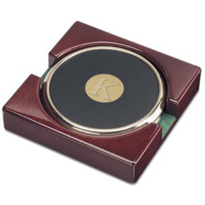 Northwestern | Kellogg K Design Gold Medallion Gold Tone Coaster Set of Two in a Rosewood Finish Stand