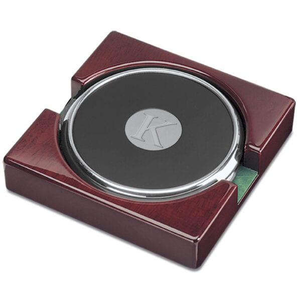 Northwestern | Kellogg K-Design Silver Medallion Silver Tone Coaster Set of Two in a Rosewood Finish Stand