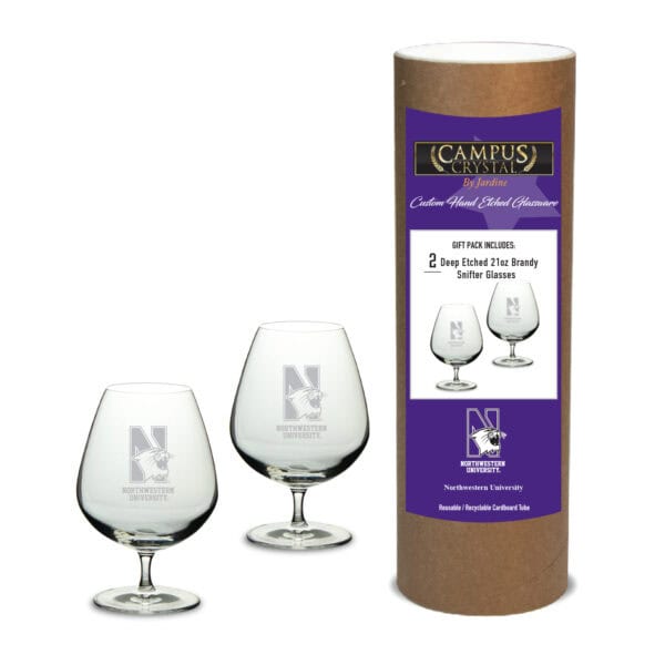 Northwestern University Wildcats 21 oz. Deep Etched Traditional Brandy Snifter Glasses with N-Cat Design - Set of Two