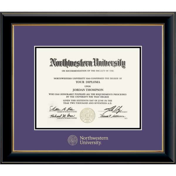 Northwestern University Wildcats Onyx Double Matted Black Diploma Frame With Gold Accent & Gold Embossed Northwestern University Seal Design With Main Matt In Purple