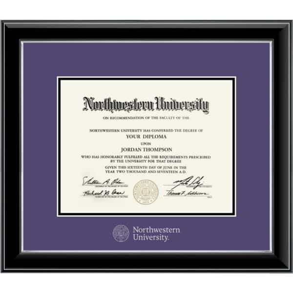 Northwestern University Wildcats Onyx Double Matted Black Diploma Frame With Silver Accent & Silver Embossed Northwestern University Seal Design Main Matt In Purple