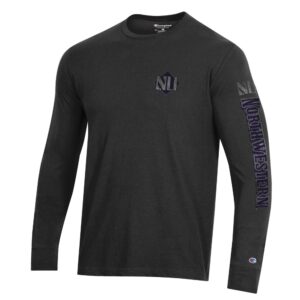 Northwestern University Wildcats Men's Champion Black Long Sleeve Tee Shirt with Three Location Faded Print