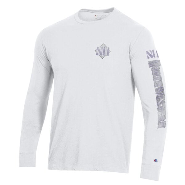 Northwestern University Wildcats Men's Champion White Long Sleeve Tee Shirt with Three Location Faded Print -Back