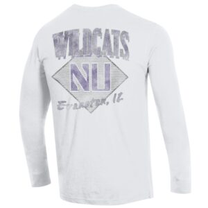 Northwestern University Wildcats Men's Champion White Long Sleeve Tee Shirt with Three Location Faded Print -Back
