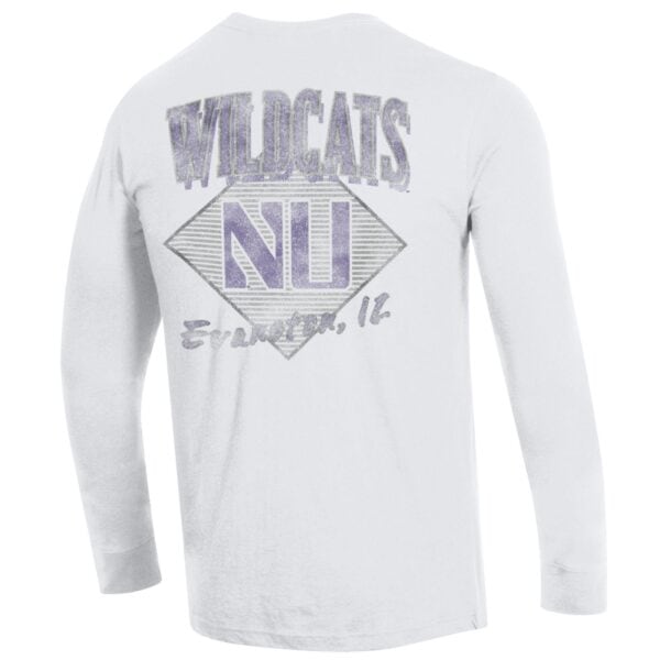Northwestern University Wildcats Men's Champion White Long Sleeve Tee Shirt with Three Location Faded Print -Back