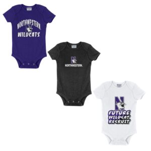Northwestern University Wildcats Infant 3-Pack Bodysuit Onesie Set with Purple Arch over N-cat | Black N-cat over Northwestern | White Wildcat Recruit