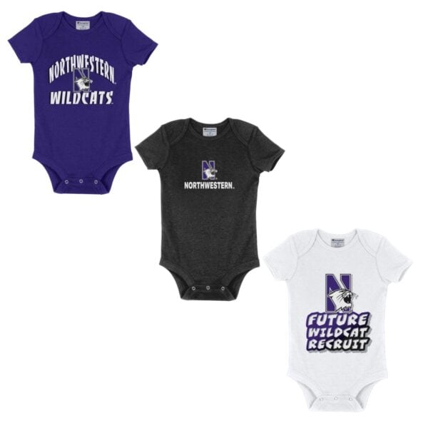 Northwestern University Wildcats Infant 3-Pack Bodysuit Onesie Set with Purple Arch over N-cat | Black N-cat over Northwestern | White Wildcat Recruit