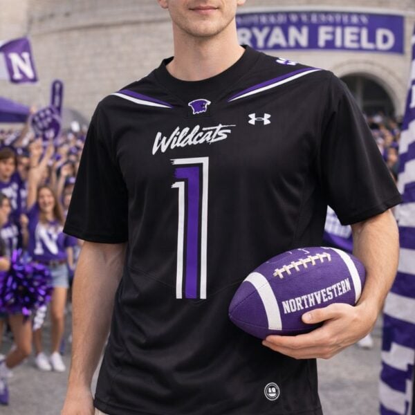 Northwestern University Wildcats Adult Under Armour Black Replica Football Jersey with #1 - Image 3