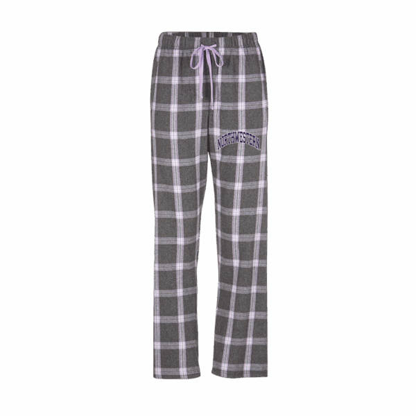 Northwestern University Wildcats Women's Charcoal Lavender Tomb Plaid Harley Flannel Pants with Small Arched Northwestern Design