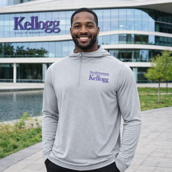 Northwestern I Kellogg Men's Antigua Skyscraper Heather Tidy 1/4 Zip Pullover Hood