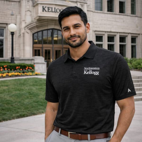 Northwestern I Kellogg Antigua Men's Layout Black Heather Polo Shirt