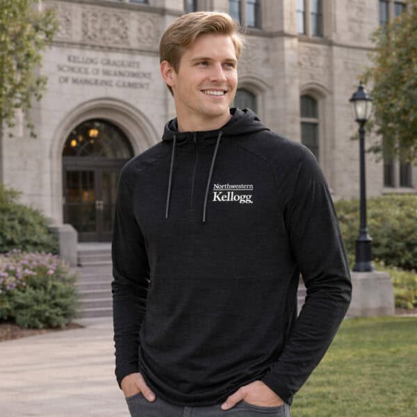 Northwestern I Kellogg Men's Antigua Black Heather Spikes2 1/4 Zip Pullover Hood