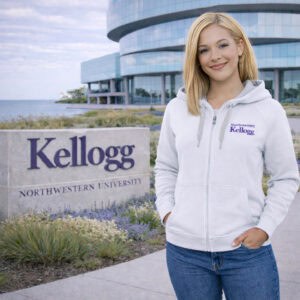Northwestern I Kellogg Women's Antigua Victory FZ Hooded Sweatshirt in White Color