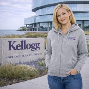 Northwestern I Kellogg Women's Antigua Victory FZ Hooded Sweatshirt in Grey Heather Color