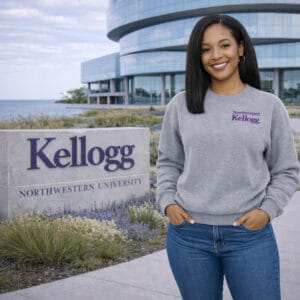 Northwestern I Kellogg Women's Antigua Victory Crewneck Sweatshirt in Grey Heather Color