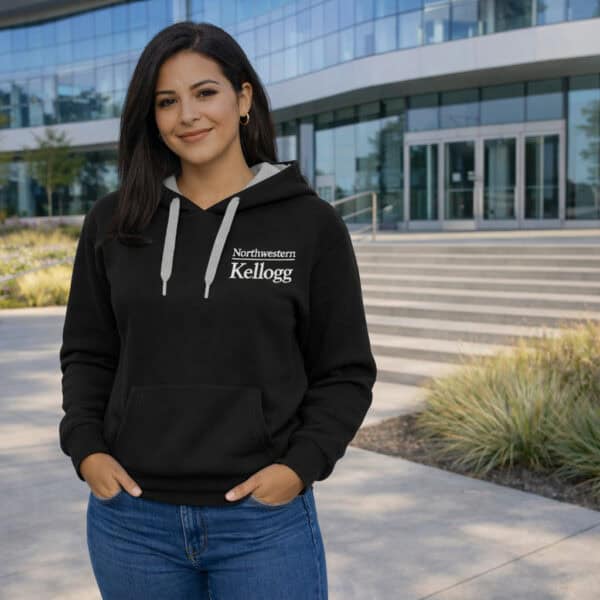 Northwestern I Kellogg Women's Antigua Victory Pullover Hooded Sweatshirt in Black Color