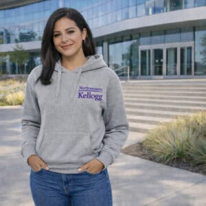 Northwestern I Kellogg Women's Antigua Victory Pullover Hooded Sweatshirt in Grey Heather Color