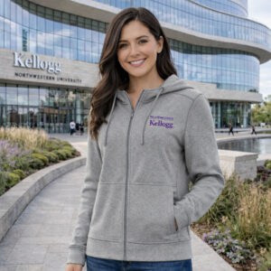 Northwestern I Kellogg Women's Antigua Seeker Supersoft Fullzip Hooded Sweatshirt in Light Black Heather Color