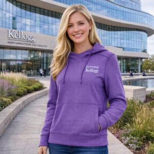 Northwestern I Kellogg Women's Antigua Justice Supersoft Pullover Hooded Sweatshirt in Light Purple Heather Color