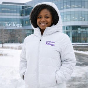 Northwestern I Kellogg Women's Antigua Universe Puffy Jacket in White Color