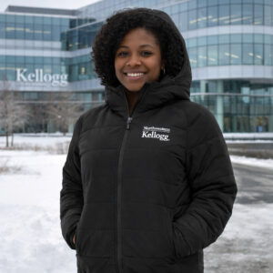 Northwestern I Kellogg Women's Antigua Universe Puffy Jacket in Black Color