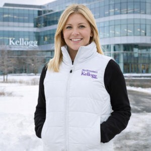 Northwestern I Kellogg Women's Antigua Experience FZ Vest in White Color