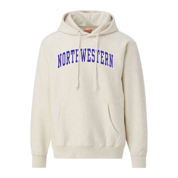 Northwestern University Wildcats Men's MV Super-Heavy Pro-Weave Fleece Oatmeal Heather Hooded Sweatshirt with Two Color Arch Design