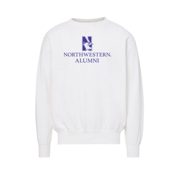 Northwestern University Wildcats Men's MV Fundamental Fleece White Crewneck Sweatshirt with Northwestern Alumni & N-Cat Design