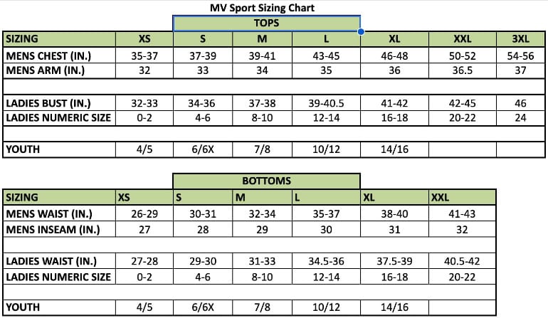 MV Sport Sizing Chart