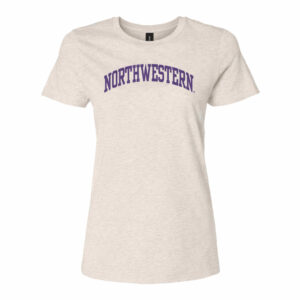 Northwestern University Wildcats Women's MV LAT Fine Jersey Natural Heather Tee Shirt with One Color Northwestern Arch Design