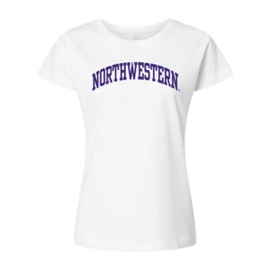 Northwestern University Wildcats Women's MV Softstyle White Tee Shirt with One Color Northwestern Arch Design