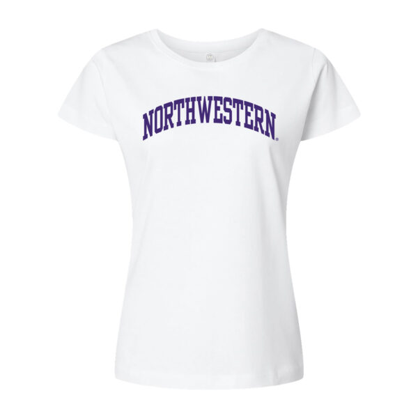 Northwestern University Wildcats Women's MV Softstyle White Tee Shirt with One Color Northwestern Arch Design